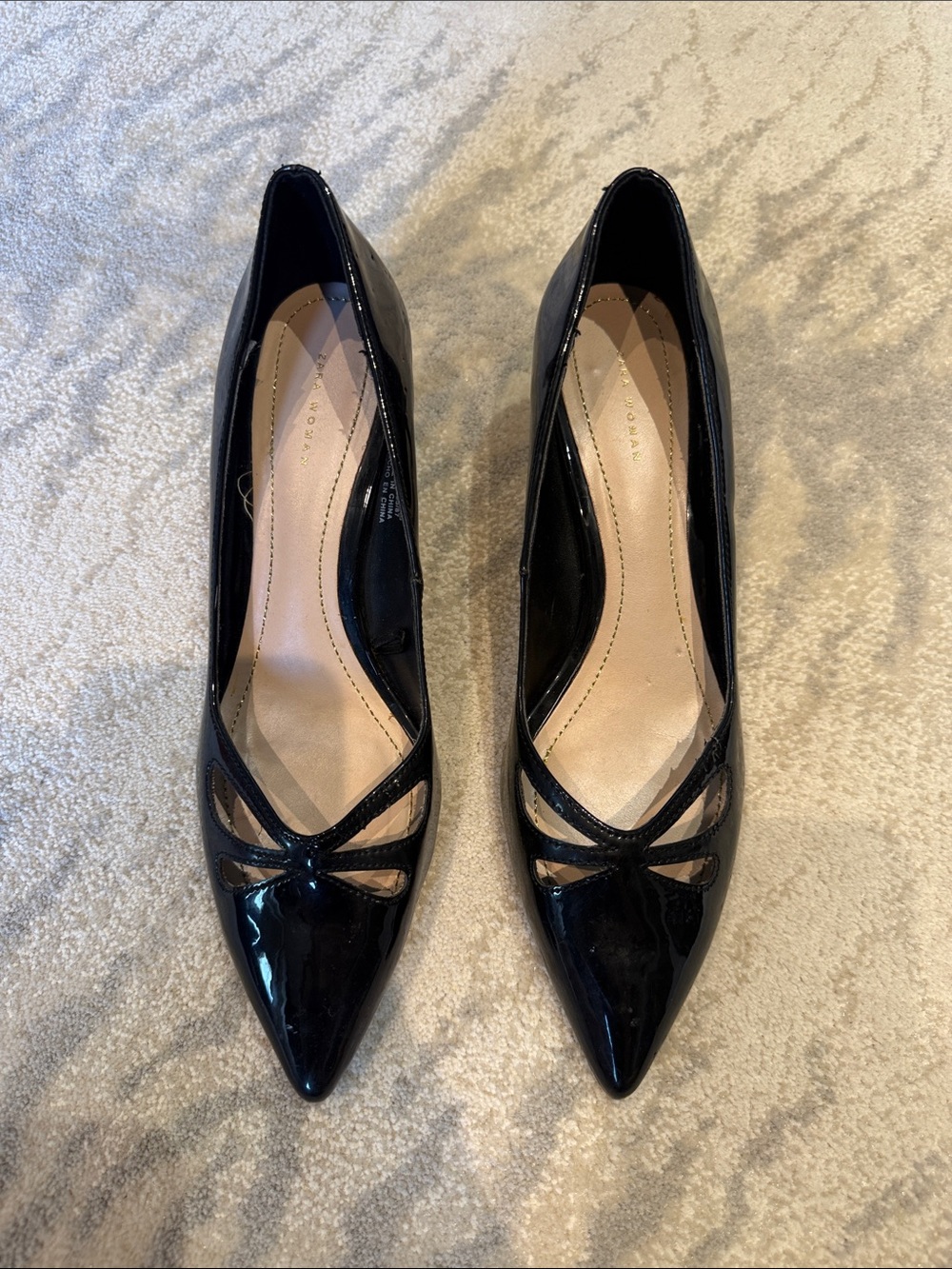 Zara Black Patent Pointed Toe Pumps with Cutout Detail